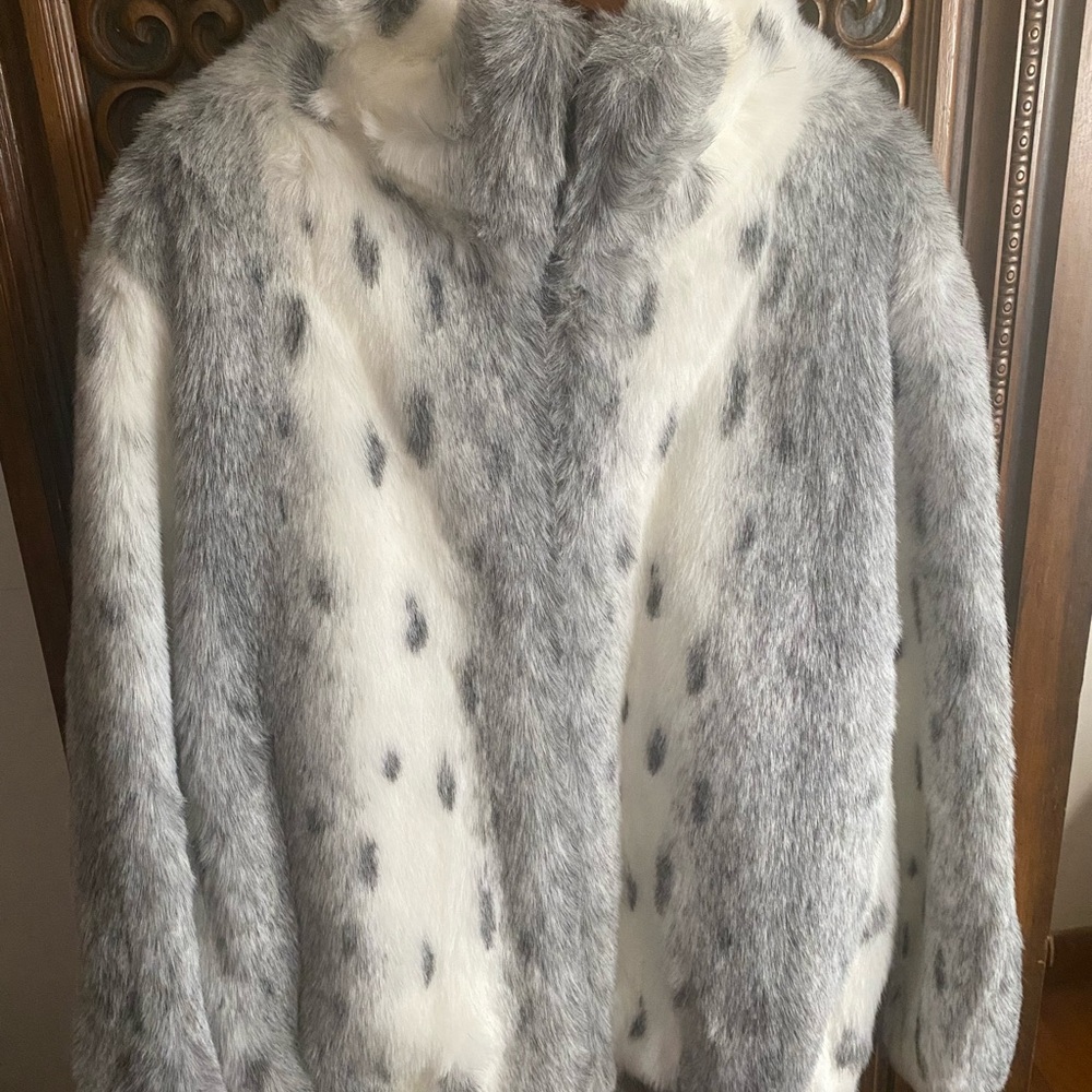 Gray and White Faux Fur Coat